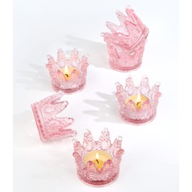 Vixdonos Votive Candle Holders Set of 6 Crown Glass Tealight Candle Holder for Wedding, Party and Home Decor (Pink)