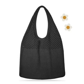 Kememo Crochet Tote Bag, Mesh Beach Tote Bag Knit Shoulder Bag Boho Casual Handbag for Shopping Travel School Work, Black