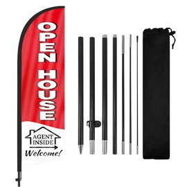 Open House Flags for Real Estate Agents, Open House Flag with Pole Kit and Ground stake, Open House Signs for Real Estate, 8Ft Open House Flag Sign Banner for Outside (Black/white/red)