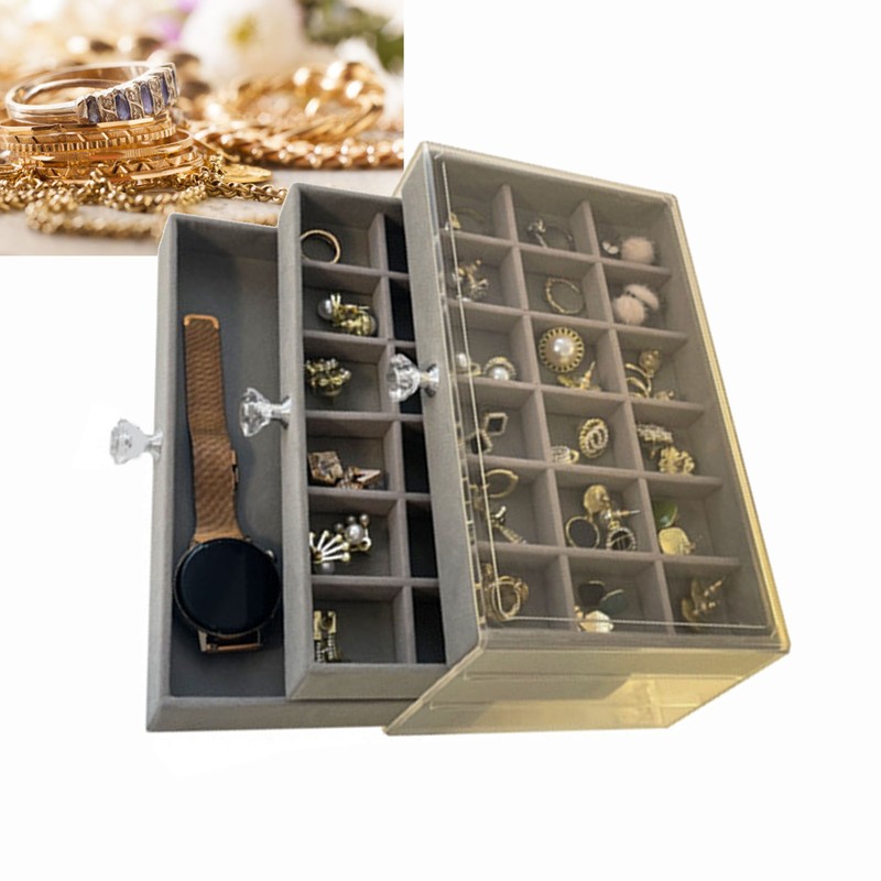 3 Tiers Jewelry Organizer Box Transparent Acrylic Velvet Lined Multi