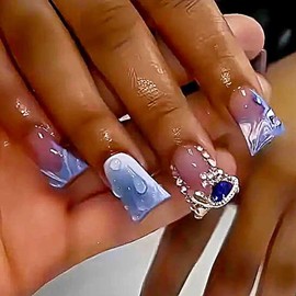 Rilafuvu Duck Press on Nails Medium,Fake Nails Acrylic Nails 3D Rhinestones and Wave Glue on Nails Blue Nails Press on Stars Stick on Nails for Women and Girls 24Pcs