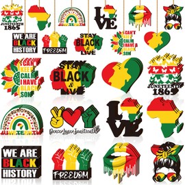 Kathfly 36 Pcs Juneteenth Day Hanging Ornaments Wooden Hanging Decorations for 1865 Freedom Day Party Wood Tree Plaque Decor with String for African American(Novelty Style)