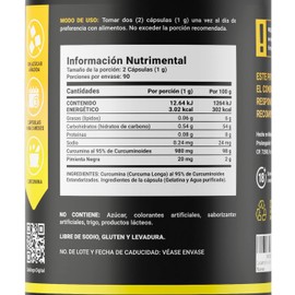Curcumina Pura de 180 Cápsulas. Ingredientes de origen natural. Pure Curcumin B Life.
