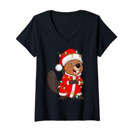 Womens Beaver Christmas Lights Santa Costume Cute Animal Xmas V-Neck T-Shirt