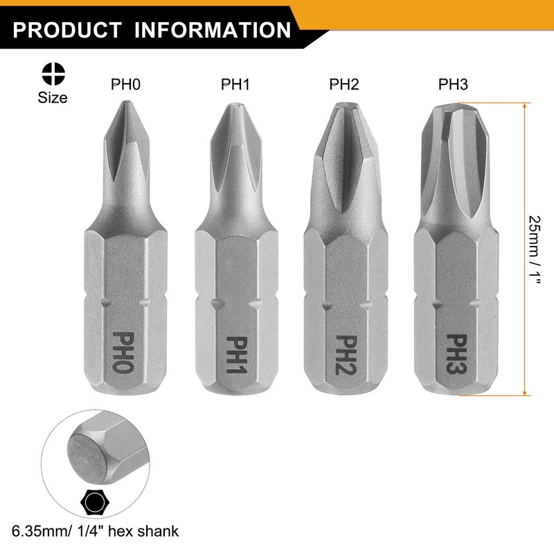 HARFINGTON 4pcs PH0/PH1/PH2/PH3 Phillips Screwdriver Bit 1/4" Hex Shank 25mm/1"