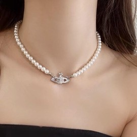 Mingkeda White Pearl Necklaces,Crystal Rhinestone Saturn Planet Necklace,Ladies Pendant Necklace Minimalist Jewelry Friend Girlfriend Birthday Anniversary, Pearl, Pearl