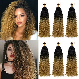 Marlybob Crochet Braids Hair Extension 14 Inch Deep Water Wave Braiding Hair Kinky Curly Afro Jerry Curl Marley Bob Twist Braid Hairpiece Synthetic Hair Extension 1 Bundle Black to Golden