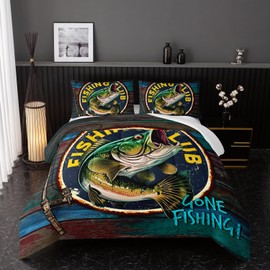 Nttopship Big Pike Fish Bedding, Bass Fishing Comforter Set Hunting and Fishing Themed Comforter Set for Kids Boys Room Decor, Full Bed in a Bag for Teens with 2 Pillowcases