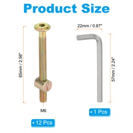 PATIKIL M6 x 65mm Bunk Bed Bolts, 12 Pack Hex Drive Socket Cap Barrel Screws Bolt Nuts Assortment Kit with 1Pcs Wrench for Furniture Bed, Zinc Color