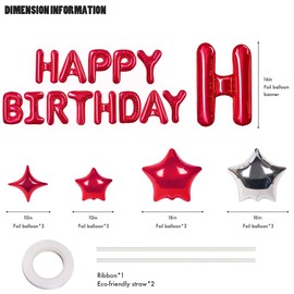 CANREVEL Happy Birthday Banner 13pcs 16 Inch Mylar Foil Letters with 12pcs Star Balloons Birthday Party Decorations for Kids and Adults - 3D Red