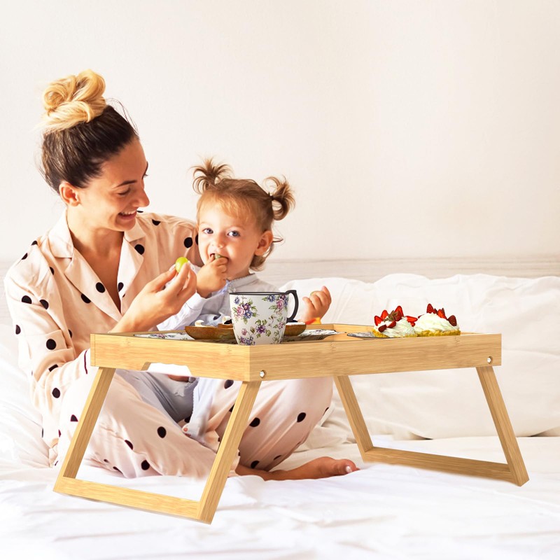 2 Pack Bed Tray Table with Foldable Legs, Bamboo Breakfast