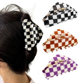 3 Pack Checkered Hair Claw Clips, Multicolored Medium Claw Clips for Thin & Thick Hair, Cute Hair Accessories for Women Girls