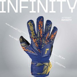 Reusch Attrakt Infinity Finger Support Junior Goalie Gloves, Soccer Goalkeeper Gloves with Finger Protection, Breathable, Durable, for Artificial Grass & Hard Surfaces, Premium Blue/Gold/Black, Size 5