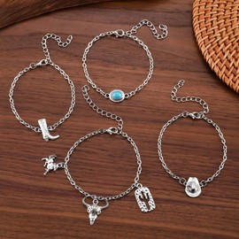 GIKILEE Western Cowgirl Bracelets Bohemian Vintage Turquoise Stackable Bracelets Boot Hat Cactus Cattle Pendant Jewelry