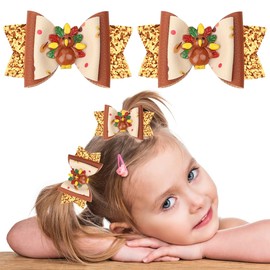 Christmas Hair Bows Yellow Orange Brown Thanksgiving Hair Accessories Turkey Glitter Large Hairpin Ribbon Hand Print Hair Clips Toddler Girls Kids Cute Bow Claw Clips for Thick Thin Hair Decor 2PCS