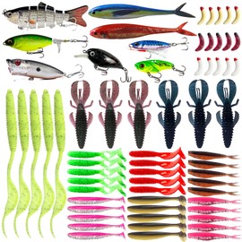 64 Pcs Fishing Lures Tackle Box Kit Including Swimbait Topwater Hard Baits Soft Plastic Baits Worms for Freshwater and Saltwater Trout Bass Salmon