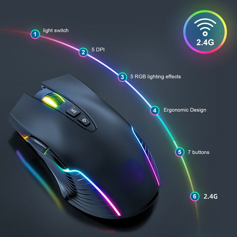 Wireless Mouse 2.4G Rechargeable USB RGB Professional Grade Optical Sensor