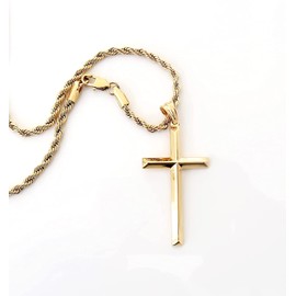 14ct Rope Gold Chain Cross Pendant Necklace for MEN, HUSBAND thin 14k Diamond cut w/real strong Solid Clasp Religious Beveled Edge. (22)