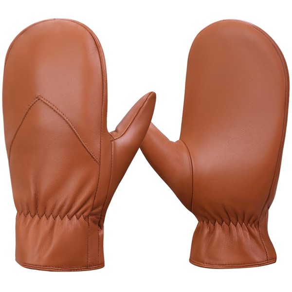 MGGMOKAY Men's Leather Mittens Warm Lambskin Mittens Winter Fleece Lined,Tan,S