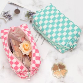 PAZIMIIK Checkered Makeup Bag for Purse Portable Zipper Make Up Pouch Small Cosmetic Case for Travel Accessories Pink White