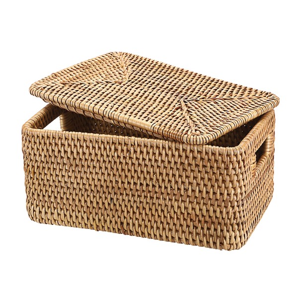 IGNPION Rattan Storage Basket With Lid, Wicker Decorative Storage Basket