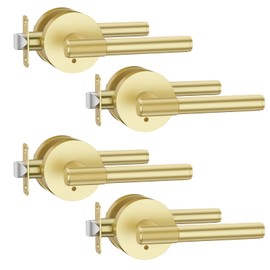 Asidrama 4 Pack Privacy Gold Door Knob with Lock, Brushed Gold Door Handles Interior for Bedroom or Bathroom, Heavy Duty Door Lever with Reversible Interior Door Handle for Left Right Sided Doors