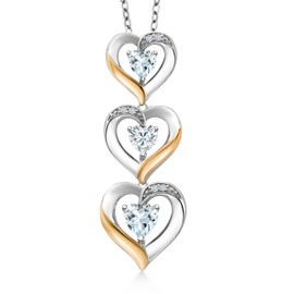 Gem Stone King 925 Silver and 10k Yellow Gold Sky Blue Aquamarine White Moissanite and White Lab Grown Diamond Triple 3 Heart Shape Pendant Necklace For Women (0.90 Cttw, with 18 Inch Chain)