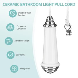 QILUCKY Ceramic Bathroom Light Pull Cord, Pull Cord Light Switch Bathroom, Pull Cord Handle with 150cm Light Pull Cord Extension and Cord Connector, Ceramic Light Pull Cord for Light And Fan Switches