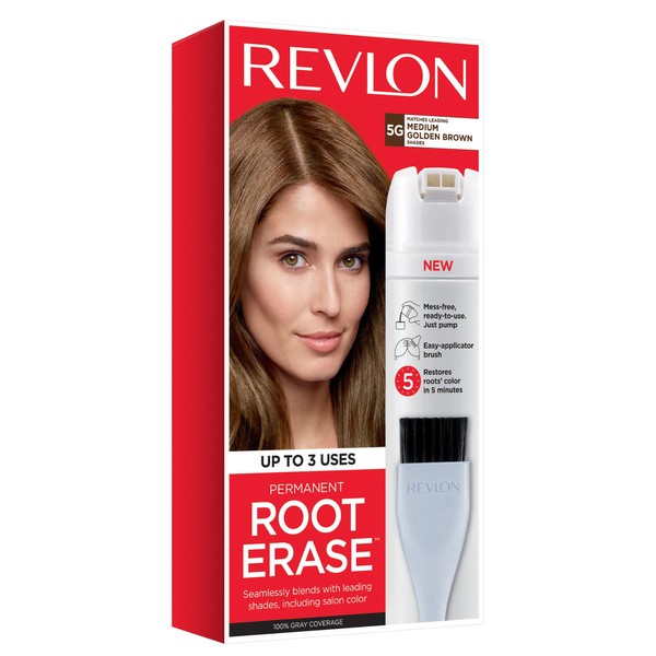 Revlon Permanent Hair Color, Permanent Hair Dye, At-Home Root Erase with Applicator Brush for Multiple Use, 100% Gray Coverage, Medium Golden Brown (5G), 3.2 Fl Oz