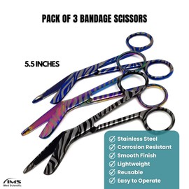 Engraved Nurse Lister Bandage Scissors Colorful Stainless Steel 5.5" Shears for Vet Tech Nursing Students Paramedics in Shiny Geometric Zebra Print (Set of 3 Colors)
