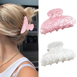Oneasmot 2 PCS Chic Resin Hair Claw Clips, Medium Sector Hair Barrettes for Thin Hair Half-Styles, Fashionable Non-Slip Hair Jaw Clamps, Pink and White