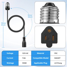 3 Outlet Light Socket Adapter, Convert E26/E27 Bulb Socket to 3 Prong Outlet with Extension Cord, Flexible Light Bulb Plug Converter Suitable for Indoor Outdoor Porch Garage Patio Use (Black,1 Pcs)