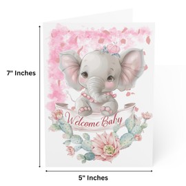 J&J'S TOYSCAPE Welcome Baby Girl Card, Birth Announcement Greeting Card for Newborn Daughter, 5 x 7, Blank Inside, With Envelope (Elephant)