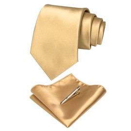 JEMYGINS Gold Tie Silk Necktie and Pocket Square With Tie Clip Sets for Men (1)