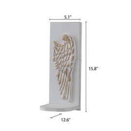 SOFE 2 Pcs Angel Wings Wall Decor with Shelves, Vintage Boho Wooden Floating Shelf, Distressed White and Gold Shelving Wall Mounted, Wing Sculptures Sconce Shelf for Crystals Plants Candles