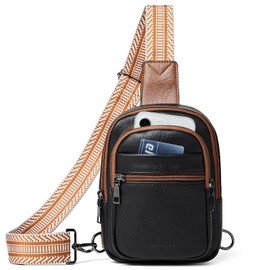 LATMAP SMALL Sling Bag Fanny Packs For Women Men Mini Crossbody Chest Belt Travel Bag Purse Handbag Faux Leather Fashion Cute,Black with Brown