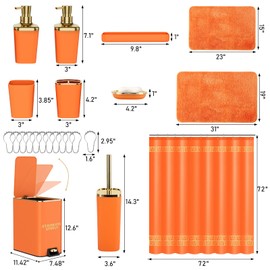 XLHOMO 11PCS Bathroom Sets with Shower Curtain and Rugs Bathroom Accessories Set Orange Bathroom Set,Soap Dispenser & Toilet Brush Holder Set with Stainless Steel Trash Can