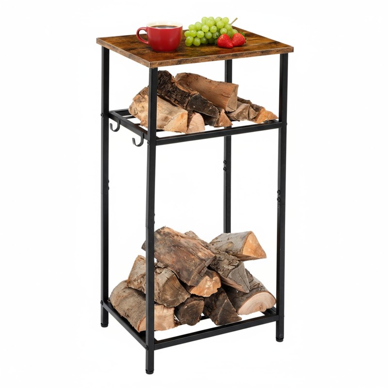 Fiwochic 2-Tier Winter Firewood Rack with Tabletop 4 Hooks Indoor
