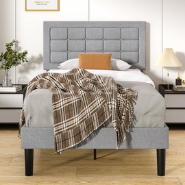 VECELO Twin Size Bed Frame with Adjustable Headboard, Upholstered Button Tufted Platform Bedframe with Wood Slats Support, No Box Spring Needed, Light Grey