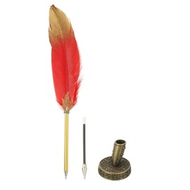 PATIKIL Feather Pen Quill, Feather Ballpoint Pen Bulk Refined Vintage Feather Calligraphy Pen with Bronze Pen Holder for Guest Signature Wedding Bridal Office Writing, Red