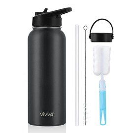 Vivva Double Wall Vacuum Insulated Stainless Steel Water Bottle with Two Lids, Straws Brush, and Bottle Brush, 1200ml (Black)