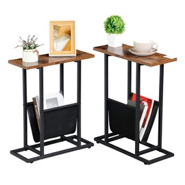 SUPER DEAL Side Table with Magazine Holder Sling Set of 2 Narrow End Table Slim Nightstand Accent Table with Heavy Duty Metal Frame for Small Spaces, Easy Assembly, Rustic Brown and Black