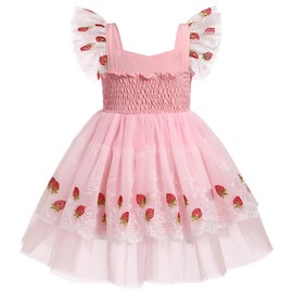 IBTOM CASTLE Toddler Strawberry Birthday Dress Baby Girls Ruffle Floral Lace Strawberry Embroidered Tulle Tutu Dress Princess Pageant Formal Party Dance Dress Easter Photoshoot Pink 5-6 Years