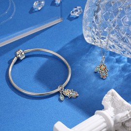 AIEGNOS Hamsa Charm 925 Sterling Silver Hand of Fatima Charm for Bracelet Hamsa Evil Eye Pendant for Women European Snake Bracelet