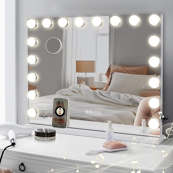 COOLJEEN Large Hollywood Vanity Mirror with Lights Bluetooth 18 LED Bulbs 3 Color Lighting Modes Makeup Beauty Mirror with USB Charging Port