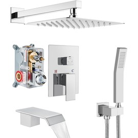 Cinwiny Shower System with Tub Spout Wall Mount Tub Shower Faucet Set Complete with Handheld Spray 3 Function Rough-In Valve Included,10 Inch Rainfall Shower Head,Polish Chrome
