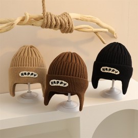 Children's Autumn Winter Knit Earflap Hat - Cute Korean Style Unisex Beanie for Ages 1-7 Black (Happy Wool Cap) 3ea