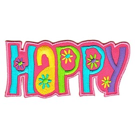 Happy Pink Lettering Saying Sew-On Patch for Iron-On or Sew On Clothes Embroidered Iron-On Patch Appliqué Flowers Patch Size 11.3 x 5 cm