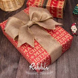 Ribbli Metallic Beige Linen Wired Ribbon,2-1/2 Inch x Continuous 10 Yard, Natural Burlap Ribbon with Gold Edge,Christmas Ribbon for Wreaths,Big Bow,Gift Wrapping, Christmas Tree Decoration