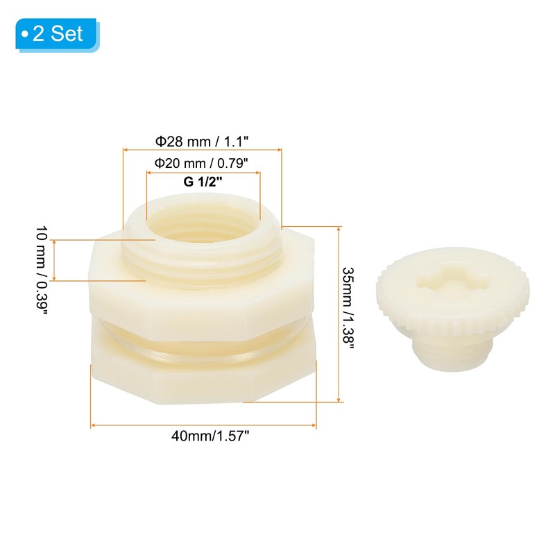 PATIKIL ABS Bulkhead Fitting G 1/2, 2 Pcs Double Threaded